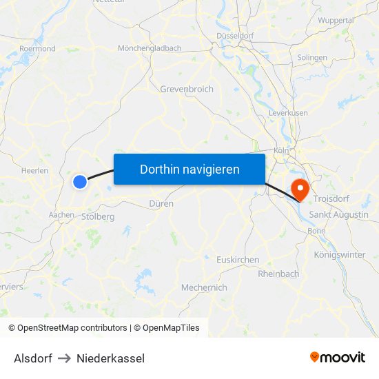 Alsdorf to Niederkassel map