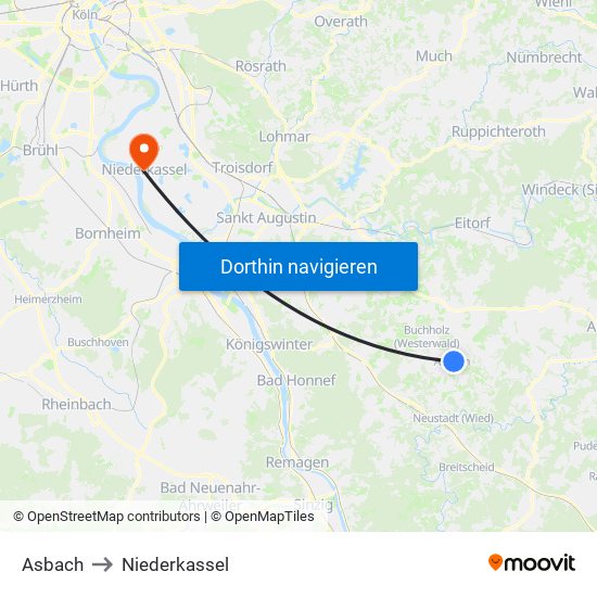 Asbach to Niederkassel map