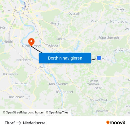 Eitorf to Niederkassel map