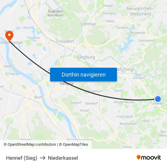 Hennef (Sieg) to Niederkassel map