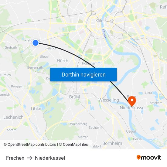 Frechen to Niederkassel map