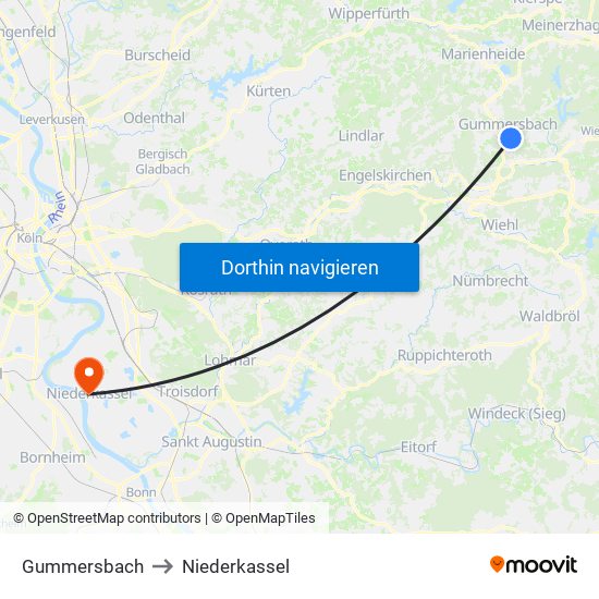 Gummersbach to Niederkassel map