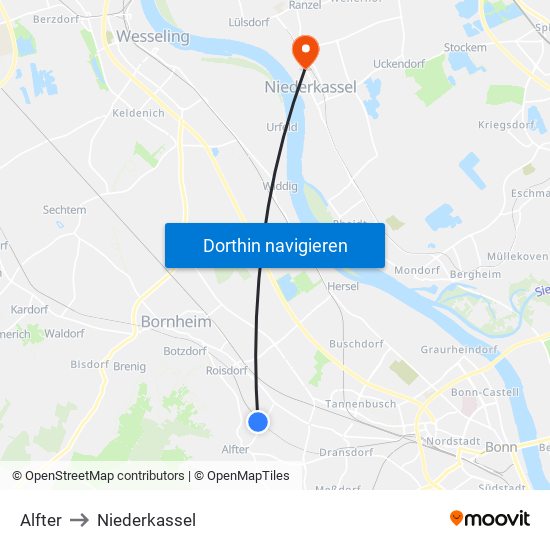 Alfter to Niederkassel map