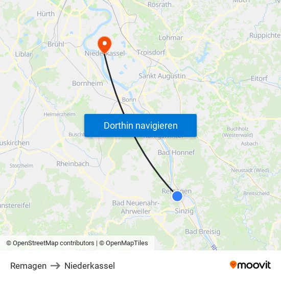 Remagen to Niederkassel map