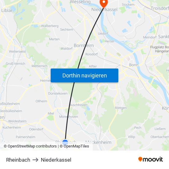 Rheinbach to Niederkassel map