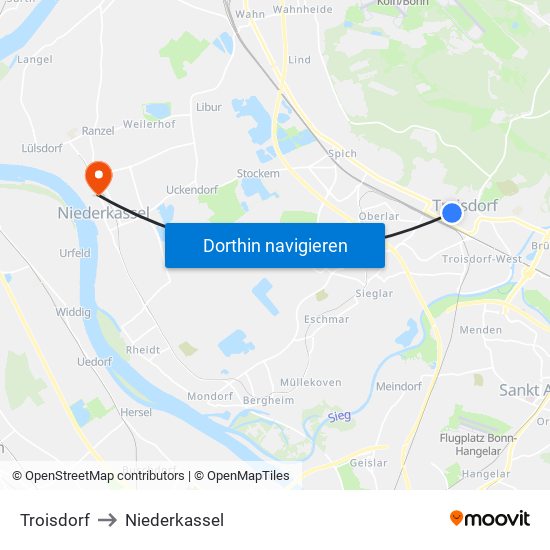 Troisdorf to Niederkassel map