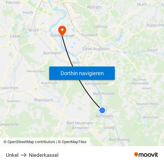 Unkel to Niederkassel map