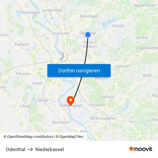 Odenthal to Niederkassel map