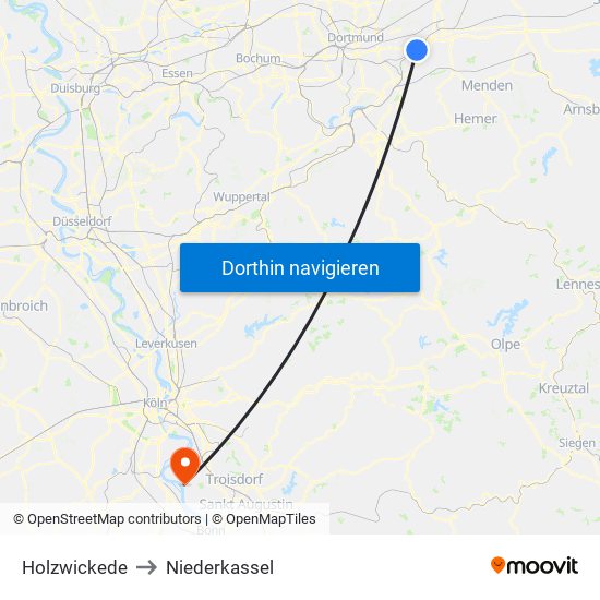 Holzwickede to Niederkassel map