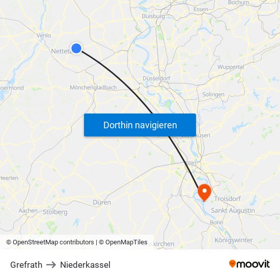 Grefrath to Niederkassel map
