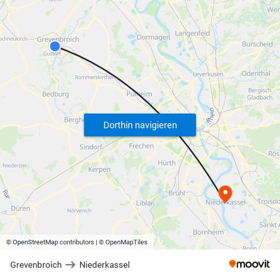 Grevenbroich to Niederkassel map