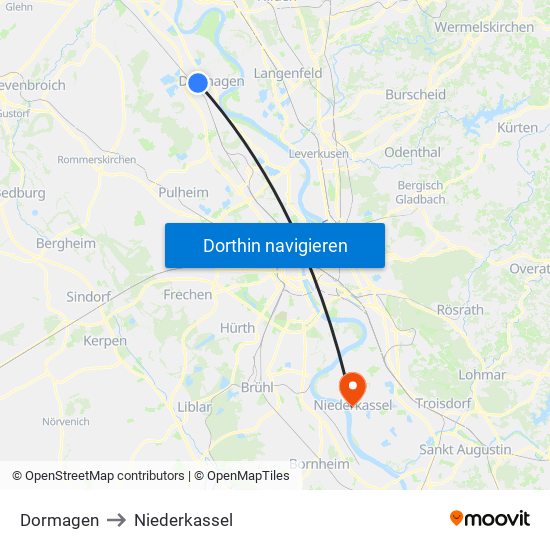 Dormagen to Niederkassel map