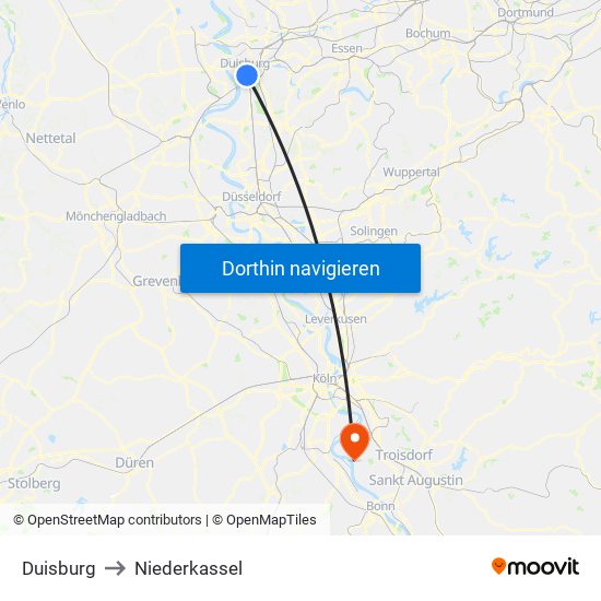 Duisburg to Niederkassel map