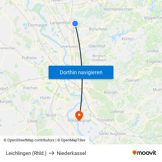 Leichlingen (Rhld.) to Niederkassel map