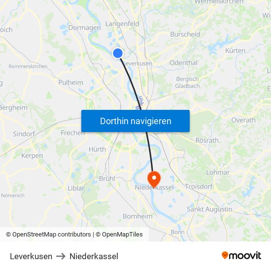 Leverkusen to Niederkassel map