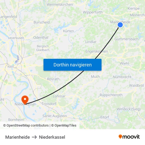 Marienheide to Niederkassel map