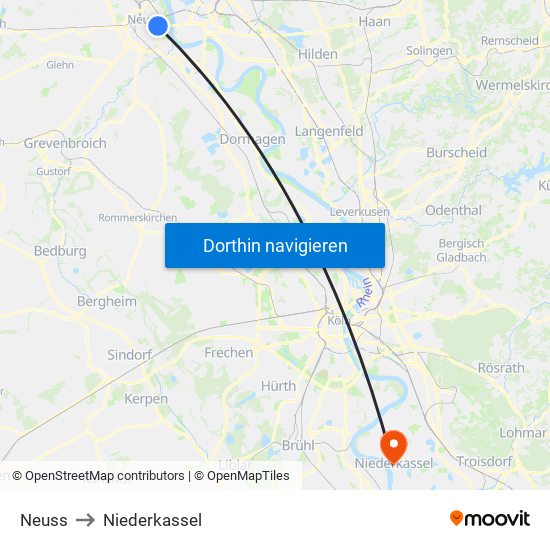 Neuss to Niederkassel map