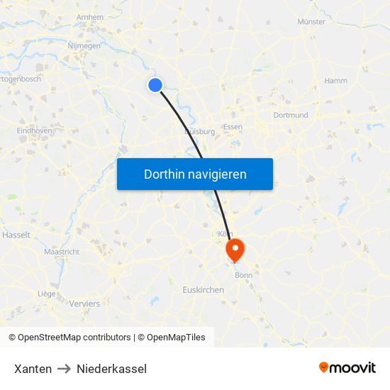 Xanten to Niederkassel map