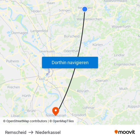 Remscheid to Niederkassel map