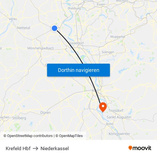 Krefeld Hbf to Niederkassel map
