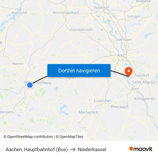 Aachen, Hauptbahnhof (Bus) to Niederkassel map