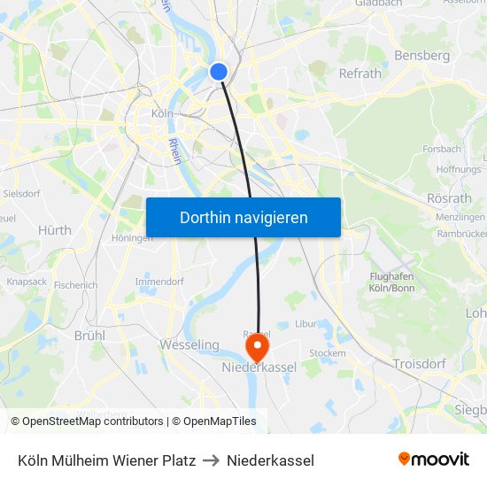 Köln Mülheim Wiener Platz to Niederkassel map