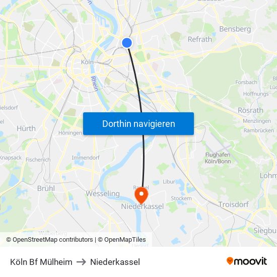 Köln Bf Mülheim to Niederkassel map