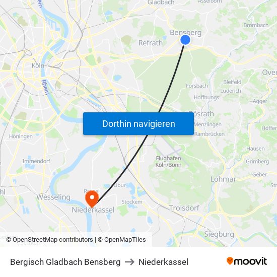 Bergisch Gladbach Bensberg to Niederkassel map