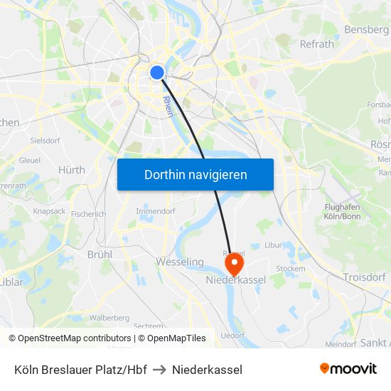 Köln Breslauer Platz/Hbf to Niederkassel map