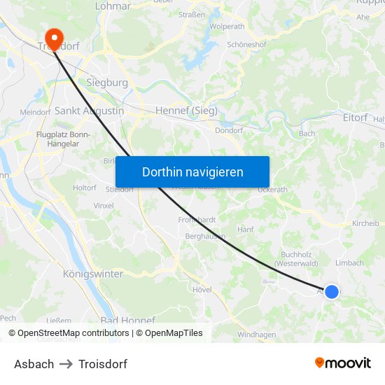 Asbach to Troisdorf map