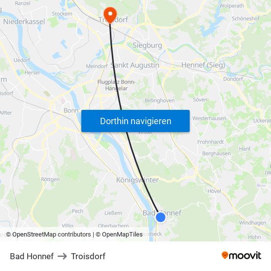 Bad Honnef to Troisdorf map