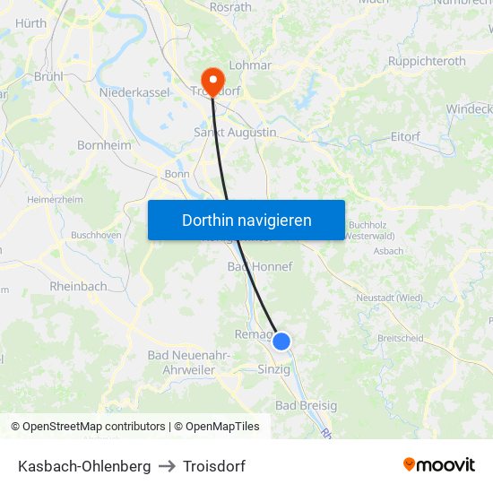 Kasbach-Ohlenberg to Troisdorf map