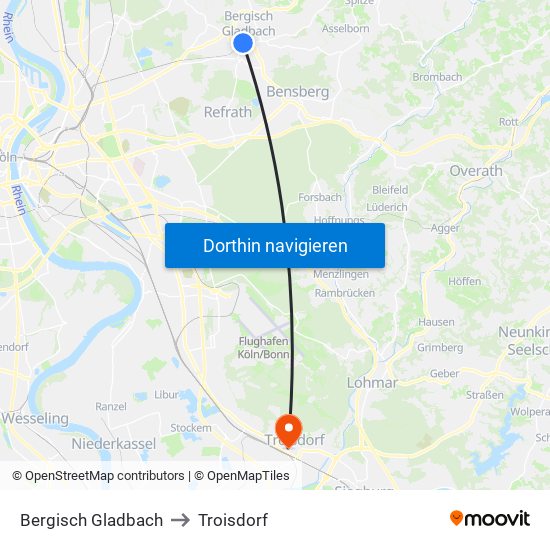 Bergisch Gladbach to Troisdorf map