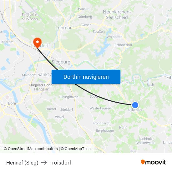 Hennef (Sieg) to Troisdorf map