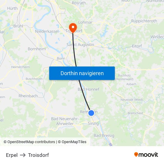 Erpel to Troisdorf map