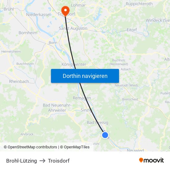 Brohl-Lützing to Troisdorf map