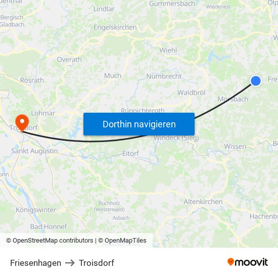 Friesenhagen to Troisdorf map