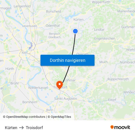 Kürten to Troisdorf map