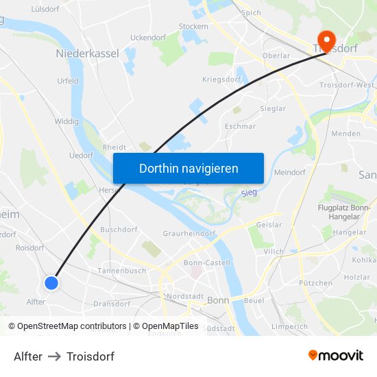 Alfter to Troisdorf map