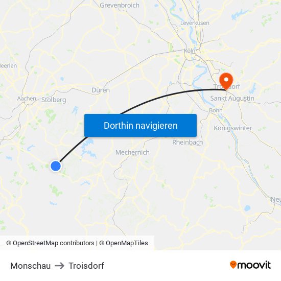 Monschau to Troisdorf map