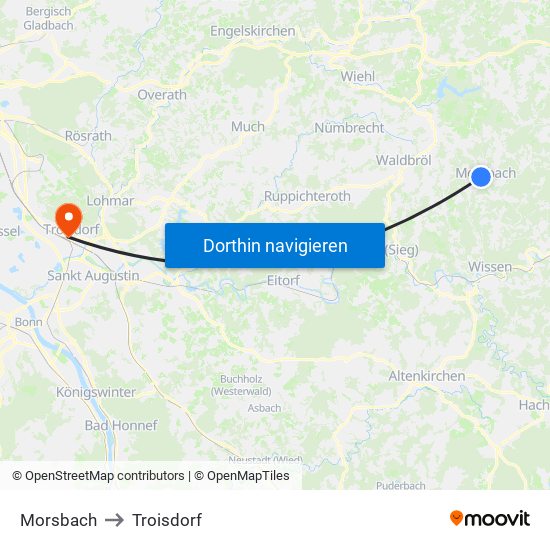 Morsbach to Troisdorf map