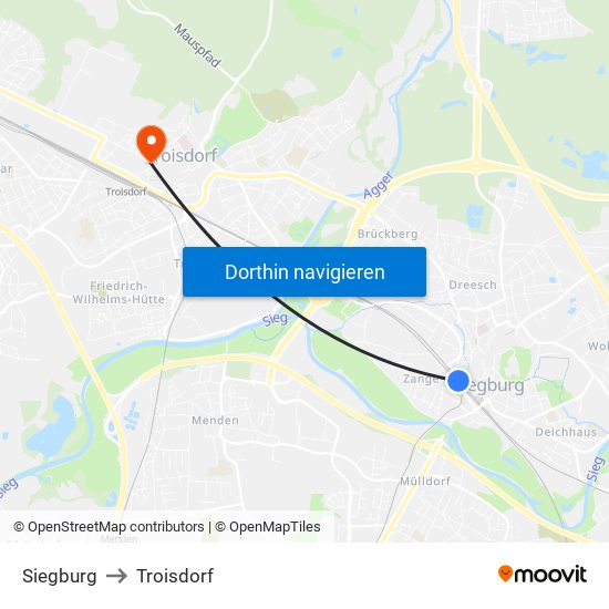 Siegburg to Troisdorf map