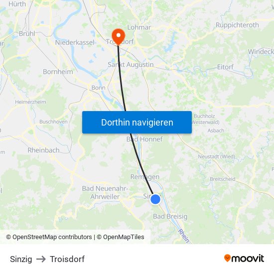 Sinzig to Troisdorf map