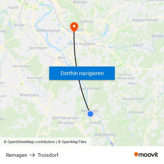 Remagen to Troisdorf map
