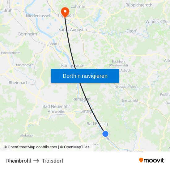 Rheinbrohl to Troisdorf map
