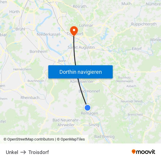 Unkel to Troisdorf map