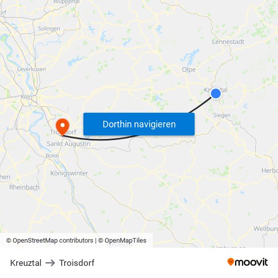 Kreuztal to Troisdorf map