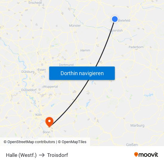 Halle (Westf.) to Troisdorf map