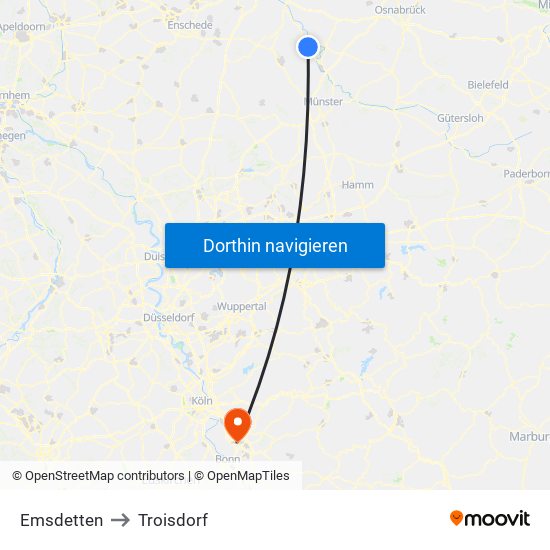 Emsdetten to Troisdorf map