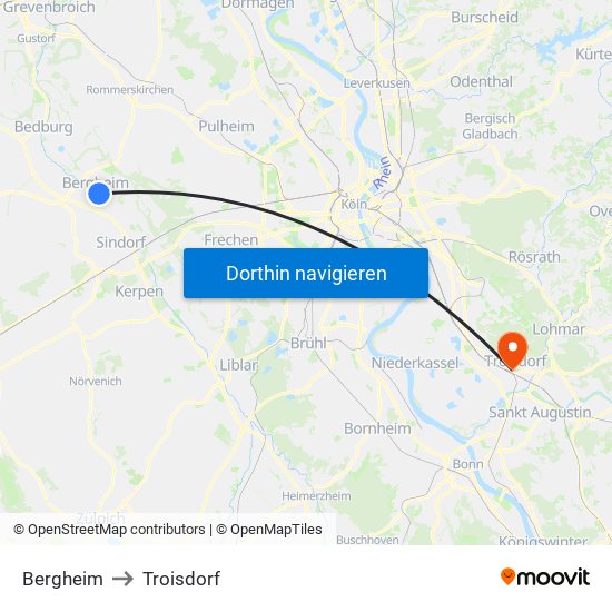 Bergheim to Troisdorf map